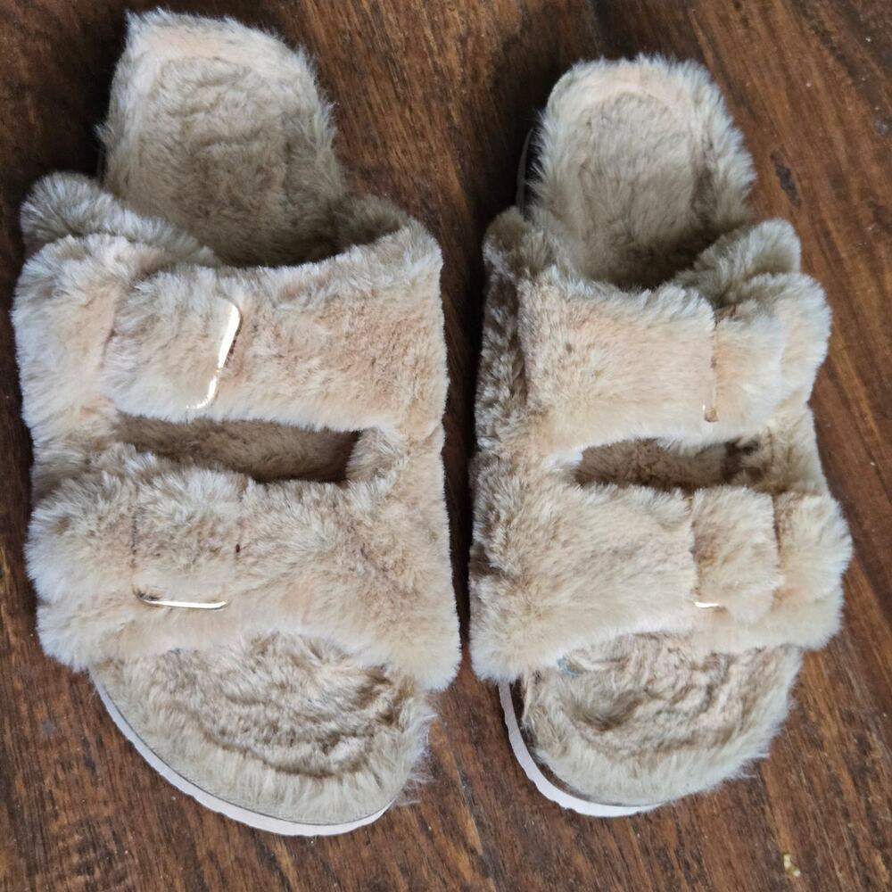 FITORY Womens sz 8 Open Toe Slippers, Faux Fur Cork Slides Sandals Cozy